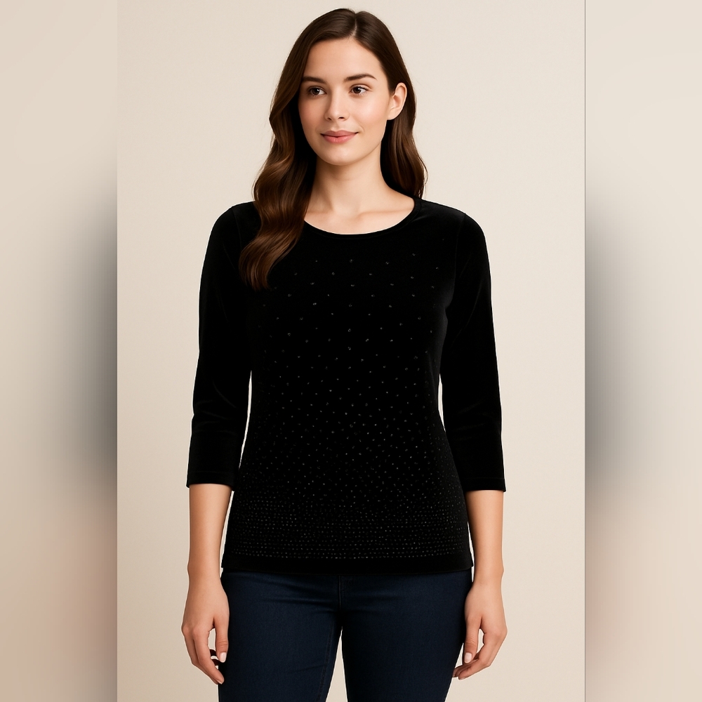 Impressions Black Velvet Sparkle Embellished Top Small Vintage